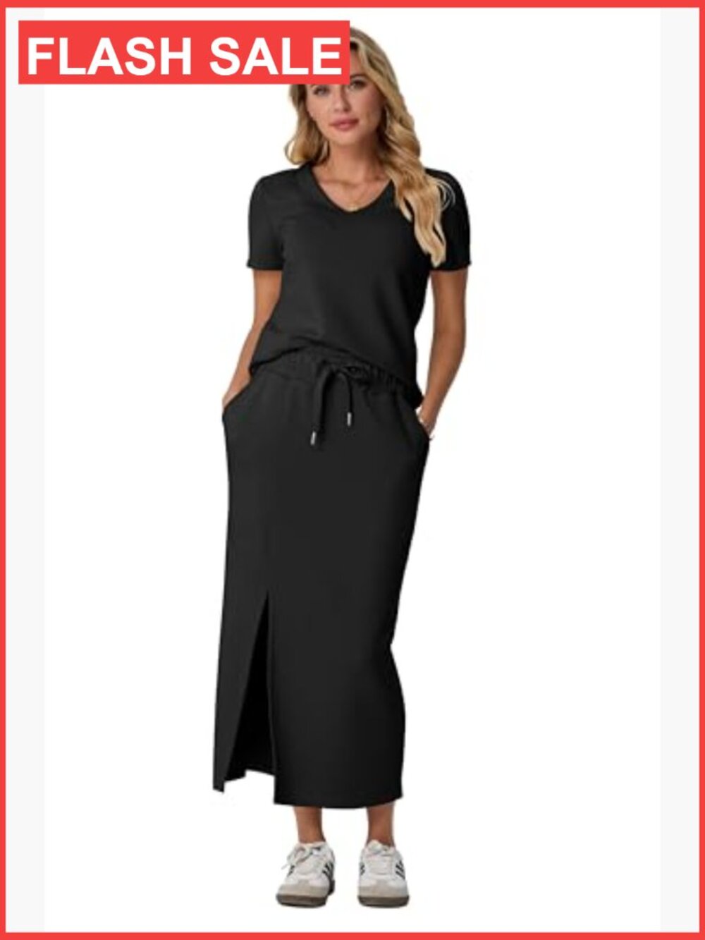 V-Neck Short Sleeve Top & Side Slit Midi Skirt Set with Pockets - Picture 3 of 7